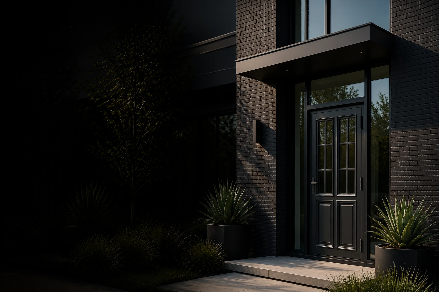 Black glazed aluminum entrance door in a charcoal brick facade