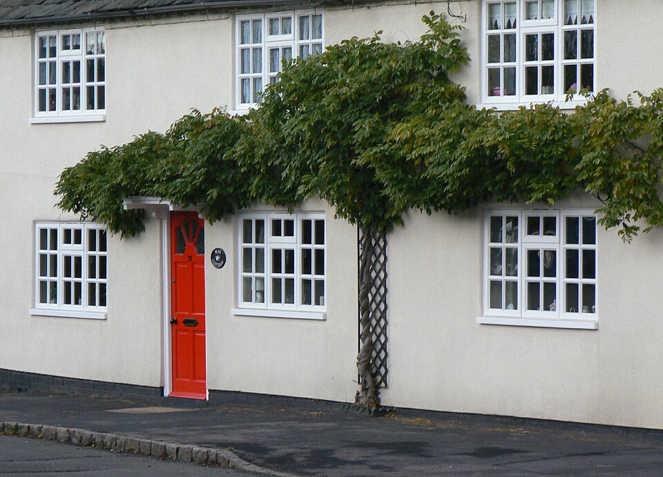 Bright red front door on an ivy-covered white cottage.