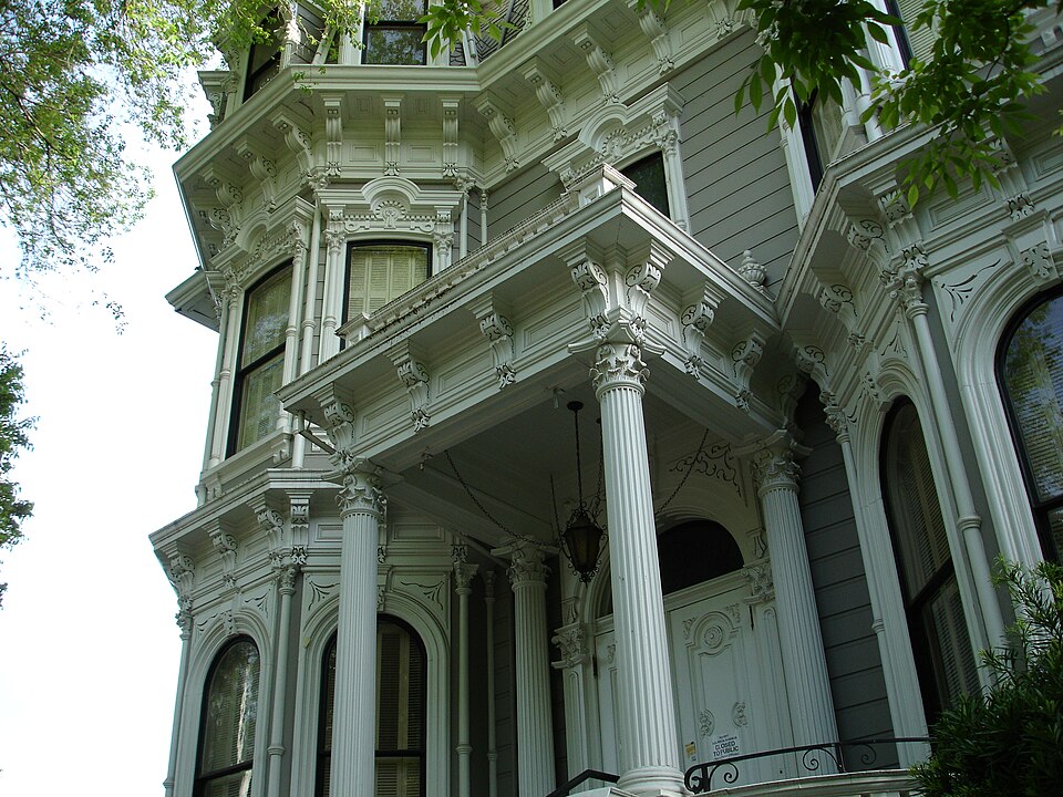 Ornate covered porch at Heilbron House in Sacramento, California.